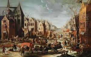Townscape in winter with carriages Townscape in winter with carriages