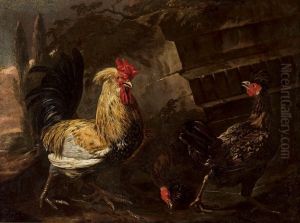Cock and hens. by Melchior D'Hondecoeter