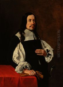 Portrait of a man standing by a table draped with a red cloth, holding his gloves