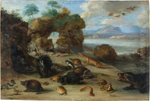 Coastal landscape with seals and squid