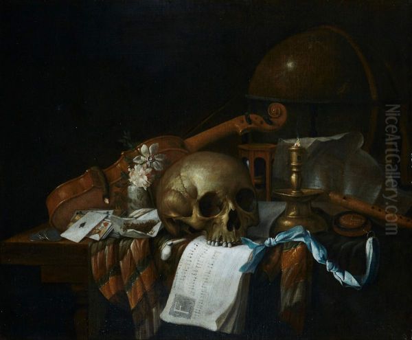 Vanitas still life with a skull, sheet music, violin, globe, candle, hourglass and playing cards, all on a draped table - view 1