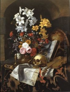 Vanitas still life with bouquet of flowers, a skull, a globe, a violin and documents