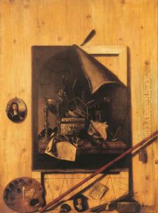 Trompe L'oeil of a studio wall with a vanitas still life, portrait miniatures and art supplies by Cornelis Norbertus Gijsbrechts