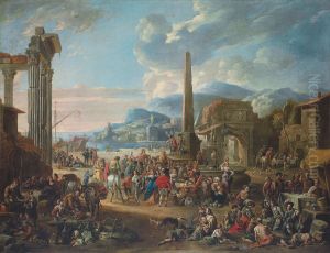 Capriccio of a mediterranean port with Roman ruins by Anton Goubau