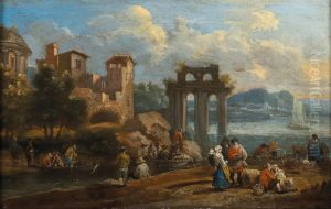 Coastal landscape with figures resting near ruins, a lake with boats beyond Coastal landscape with figures resting near ruins, a lake with boats beyond