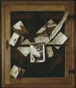 Trompe l'oeil of a stained-glass window with letters and printed matter by Cornelis Norbertus Gijsbrechts