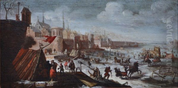 Flemish townscape with an animated frozen river - view 1