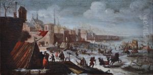 Flemish townscape with an animated frozen river Flemish townscape with an animated frozen river