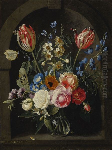 Still life of a glass vase flowers in a stone niche with tulips, peonies, narcissi and other flowers and a butterfly - view 1