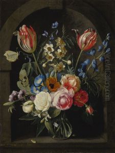 Still life of a glass vase flowers in a stone niche with tulips, peonies, narcissi and other flowers and a butterfly by Gaspar Peeter Verbruggen the Elder