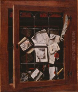A trompe l'oeil of an open glazed cupboard door, with numerous papers and objects A trompe l'oeil of an open glazed cupboard door, with numerous papers and objects