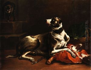 Eating dog confronted by envious cat