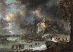 Winter coastal landscape with figures on sledges by Jan Peeters the Elder