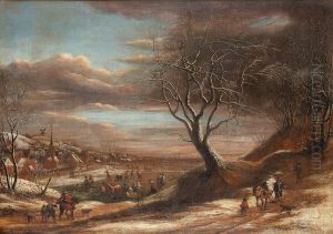 Winter landscape with travellers on a path and figures skating on a lake, a view to a village beyond by Theodoor van Heil