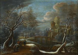 Winter landscape with travellers in the foreground, a castle beside a river beyond by Theodoor van Heil