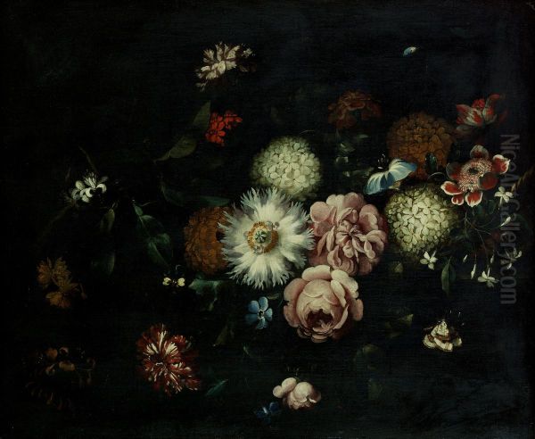 A passion flower, honeysuckle, carnations, roses and other flowers on a stone ledge with a butterfly - view 1