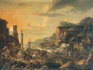 Market near a port in a mountainous landscape by Anton Goubau