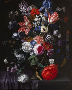 A Vase of Tulips, Peonies, Lilacs, Roses, Jasmine and other Flowers with two Butterflies on a Draped Stone Ledge