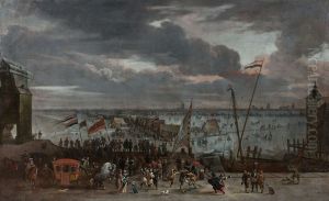 Figures in front of the frozen Scheldt in Antwerp by Erasmus de Bie