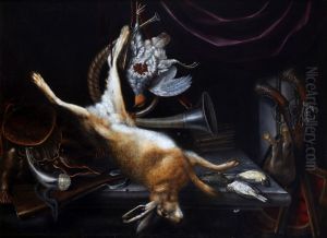 Hunting still life with a hare, hunting horn, powder canisters and pistols by Jacob Biltius