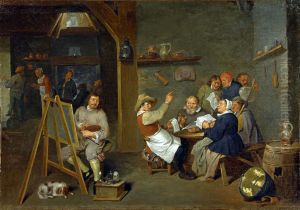 Self-portrait of an artist among a merry, drinking company of peasants in a tavern by Mattheus van Helmont