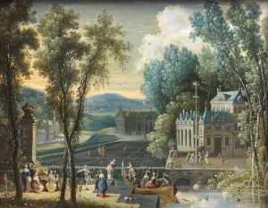 elegant figures on a boating lake, others dancing around a Maypole by Gaspar de Witte