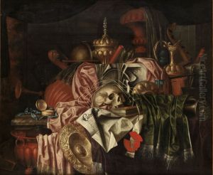 Vanitas still life with a skull, silver-gilt tableware and musical instruments on a marble table