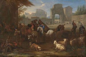 Shepherds with cattle in front of the Colosseum in Rome by Pieter van Bloemen