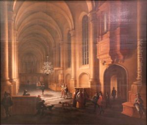 Interior of a protestant temple with figures