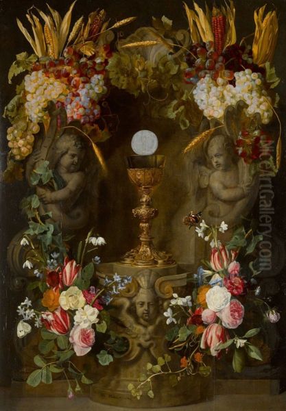 Garlands of roses, tulips, narcissi, snowdrops, hyacinths and convolvuli, with grapes, ears of corn and heads of maize, surrounding the host in a sculpted niche - view 1