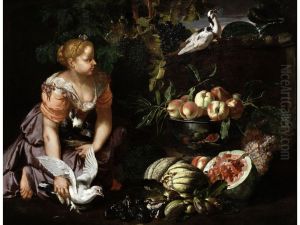 Still life with a young woman by Abraham Brueghel