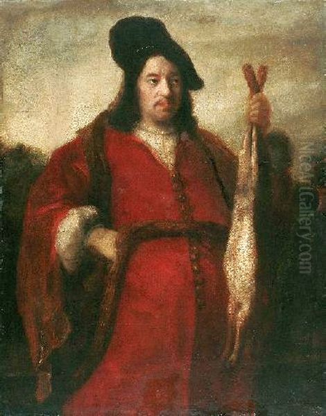 Portrait of a man holding a hare. - view 1