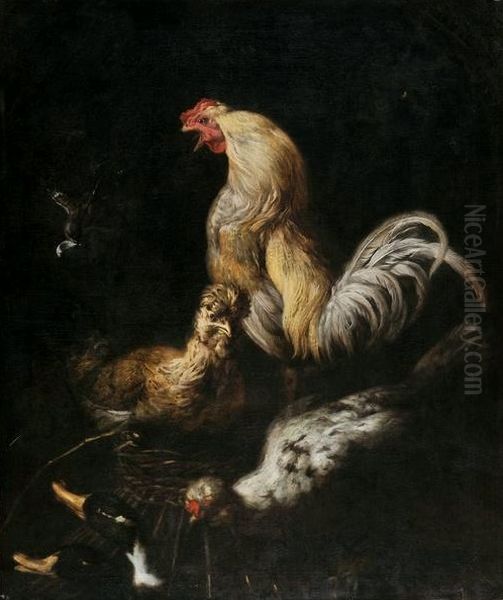 A cock, two chickens and two ducks. - view 1