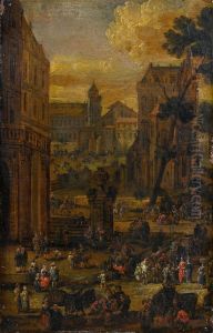 Townscape with figures in a market square in a tortoiseshell frame by Pieter Casteels II