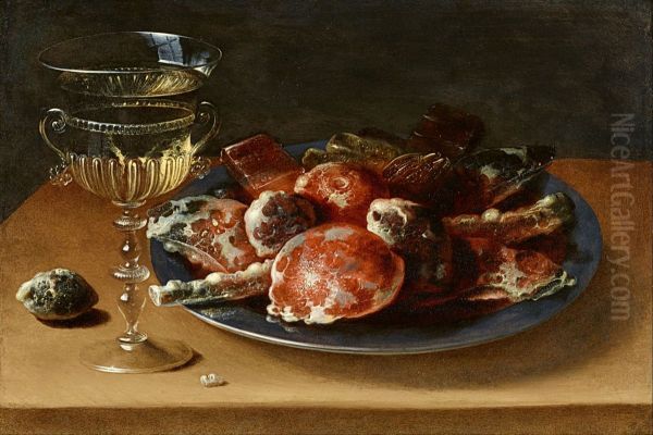 Still Life of Sweets on a Pewter Plate and a Facon de Venise Wineglass on a Wooden Ledge - view 1