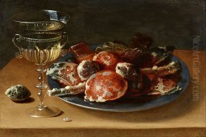 Still Life of Sweets on a Pewter Plate and a Facon de Venise Wineglass on a Wooden Ledge