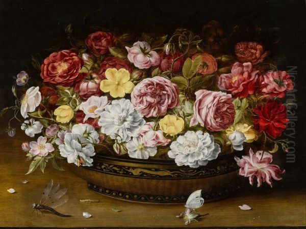 Still life of roses in an oriental lacquer and canework bowl, on a ledge with a butterfly and dragonfly - view 1
