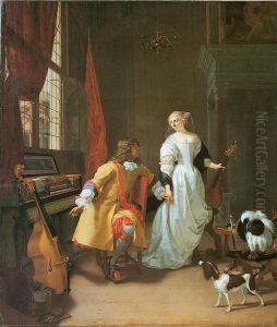 An elegant couple with musical instruments in an interior. An elegant couple with musical instruments in an interior.