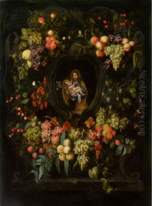 Garland of fruit surrounding a stone cartouche with St. Joseph holding the Christ child by Frans Van Everbroeck