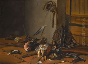 Still life with birds and hunting equipment in an interior