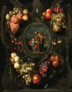 Garland of fruit surrounding a stone cartouche with St. Joseph holding the Christ child