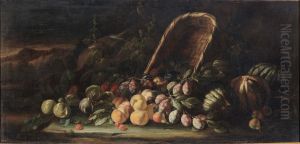 Still life of fruit in a basket in a landscape Still life of fruit in a basket in a landscape