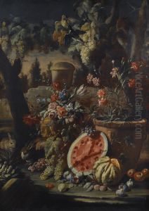 Carnations in a terracotta pot, with grapes, watermelon and other fruit in a landscape
