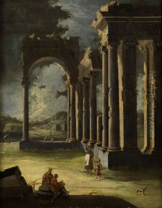 Antique Ruins With Figure Staffage In Nocturnal Light by Gennaro Greco
