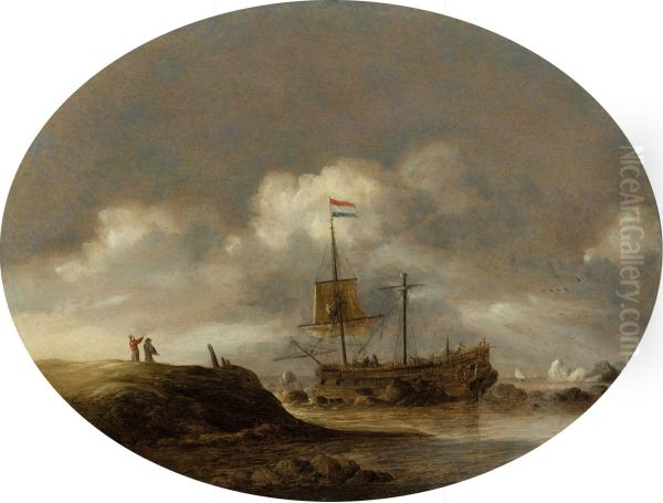 Damaged boat in front of a rocky coast - view 1