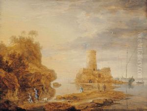 Coastal landscape with figures on a path and anglers on a shore, a fortress with vessels beyond