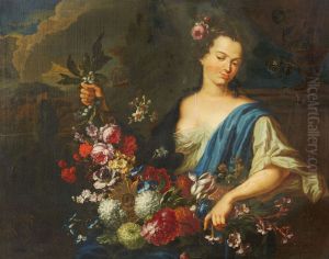 Young woman with flower garland by Augustinus Terwesten