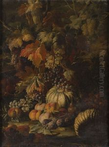Still life with Grapes, Watermelon, Strawberries, Plums, Peaches, Pomegranate, Flowers and Dog