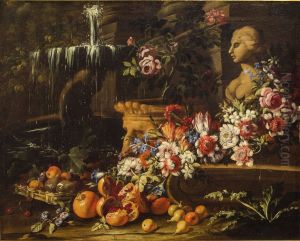 Still life with flowers, fruits and a fountain Still life with flowers, fruits and a fountain