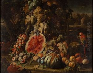 Still life with Apples, Watermelon, Grapes, Figs, Peaches, Plums, Melon, Pomegranates and Parrot